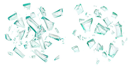 Shattered Glass Pieces, Broken Transparent Glass Debris, Destruction and Damage Concept, Isolated on Transparent Background