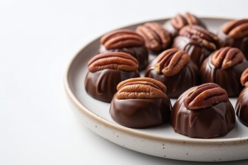 A close-up of turtle candy with caramel and pecans on a plate against a stark white background with plenty of room for writing or a background, Generative AI.