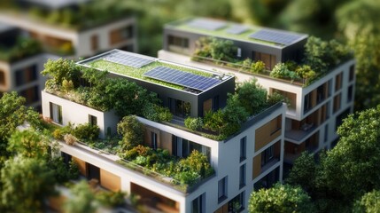 Modern Sustainable Buildings with Green Roofs and Solar Panels