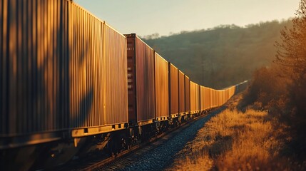 Fototapeta premium Cargo train at sunset through a rural landscape