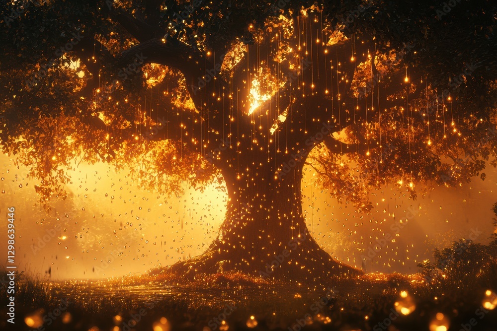 Fototapete enchanted tree glowing with lights at sunset, creating a magical atmosphere in a serene landscape. g