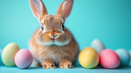Playful Bunny Hides Behind Colorful Pastel Eggs in a Festive Spring Setting