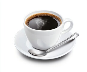 Obraz premium Steaming Cup of Black Coffee on White Saucer