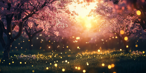 Dreamy pink blossoms and glowing lights
