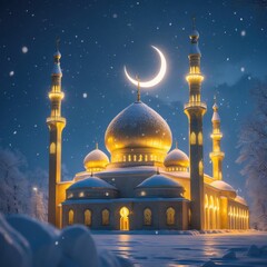 Elegant Islamic Architecture: Luminous Mosque at Night with Spires and Dome in Snowy Winter Cityscape