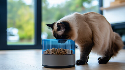 A cat with long fur approaches a modern automatic food dispenser filled with dry cat food. Sunlight streams through large windows, illuminating the cozy living space with greenery outside