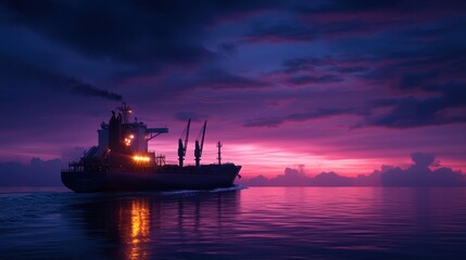 Majestic Cargo Ship Sailing Through Tranquil Waters at Dusk Under Stunning Colorful Sky with Dramatic Clouds in the Background