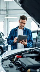 focused male mechanic using a tablet for vehicle repair diagnostics in a garage