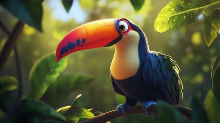 A colorful toucan perched among lush green foliage, showcasing its vibrant beak and playful expression in a serene jungle setting.
