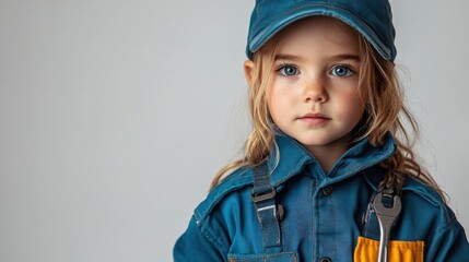 Confident Child Mechanic Dressed in Jumpsuit With Wrench in a Clean Studio Setting