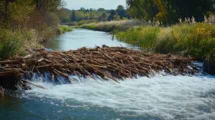Beaver dam slowing down river flow in natural environment