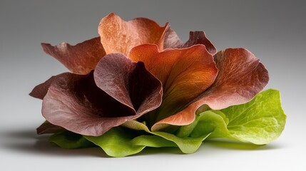 A close-up of beautiful red leaf lettuce juxtaposed with green leaves, showcasing their natural curves and textures, representing freshness and organic farming.