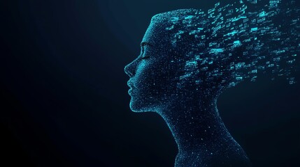 Obraz premium A digital representation of a woman's profile, composed of shimmering particles, suggesting themes of technology and transformation against a dark background.