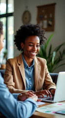 smiling businesswoman using laptop during meeting