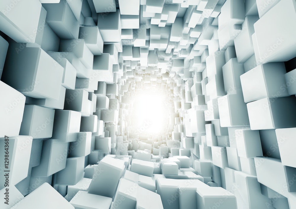 Poster abstract light tunnel with textured blocks leading to bright center, concept of depth and perspectiv