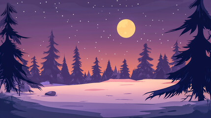 Naklejka premium Winter night landscape with a bright moon over a snowy field and pine trees under a starry sky