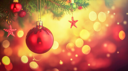 Bright red ornament hangs on a Christmas tree branch with colorful lights in the background during the holiday season
