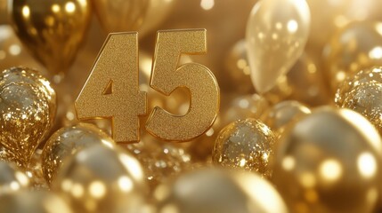 Happy 45th Birthday Gold Greeting Background. 3D Rendering of Festive Celebration Number Decoration