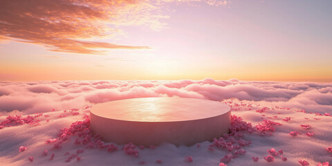 Round pink platform amidst clouds and flower petals at sunset.