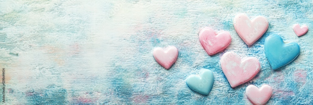 Poster colorful heart shapes arranged creatively on a pastel background with artistic texture and softness.