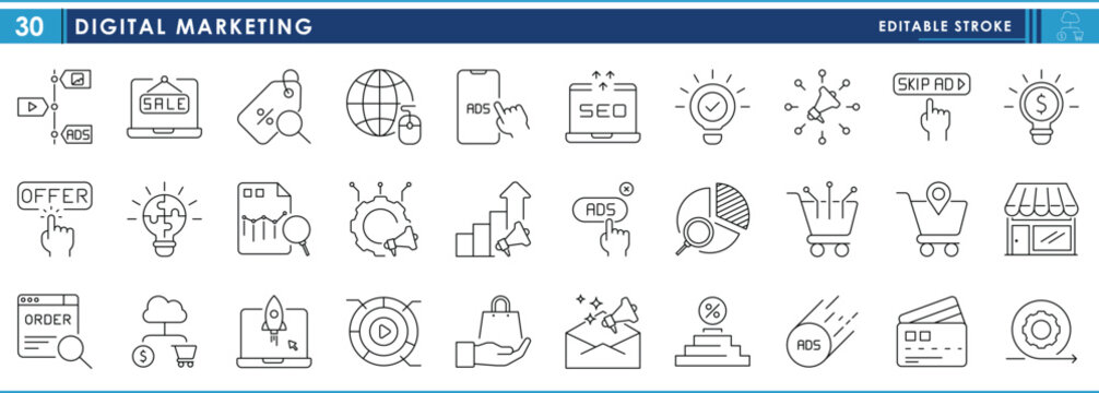 A set of line icons related to Digital Marketing. Digital, sale, ads, shopping, credit cards, announce, multimedia, offers, and so on. Vector editable stroke.