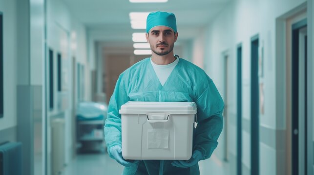 Medical worker in scrubs carrying organ transport cooler in hospital corridor.