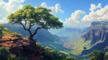 Obraz premium Hawaii Kauai Waimea Canyon - Majestic Mountain Landscape with Trees and Sky