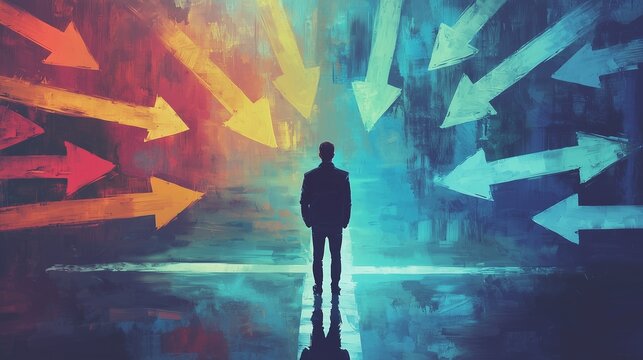 Silhouette of a person surrounded by arrows symbolizing decision-making and cognitive bias.