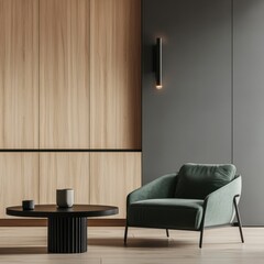 Modern Interior Design with Green Armchair and Wooden Wall Panels
