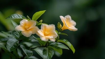 Fototapeta premium A beautiful cluster of creamy yellow flowers emerges from lush green leaves, showcasing the elegance and serenity of nature’s artistry in this vivid image.