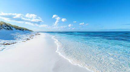 shot of a pristine beach with high, wind-swept dunes and the clear ocean under a soft, pastel-colored sunset sky 