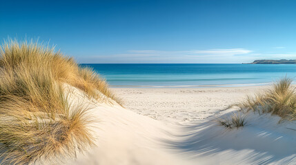 beach scene with sweeping sand dunes, gentle waves, and a bright, sunlit sky, showcasing a peaceful, undisturbed coastal landscape 
