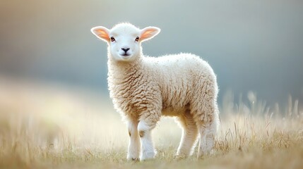 A cute, fluffy lamb stands in a grassy field, showcasing its soft wool and curious expression in a serene, natural setting.
