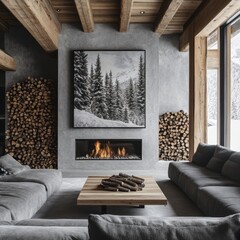 Cozy Modern Living Room with Fireplace and Scenic Wall Art
