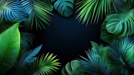 Fototapeta premium Vibrant green tropical leaves framing a dark background for a calming atmosphere.
