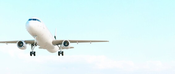 ULTRA HD. Airplane flies in blue sky. Travel. Airplane takes off against the background of blue sky.	
