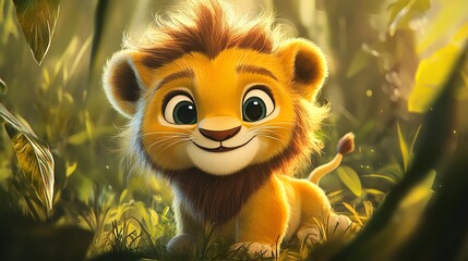 Obraz premium A cute, animated lion cub smiles in a lush, green jungle setting, surrounded by vibrant foliage and soft sunlight.
