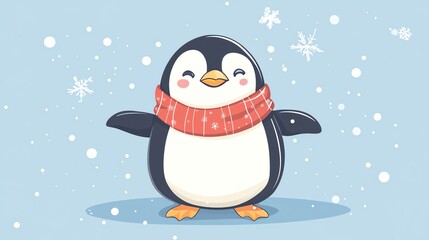 Fototapeta premium A cute penguin wearing a red scarf stands cheerfully against a snowy background, embodying a playful winter vibe.