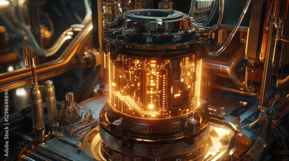 Poster futuristic technological core: glowing circuitry in a metallic enclosure