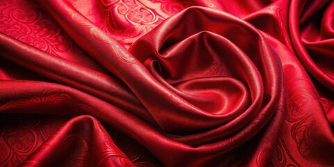Richly textured vibrant red silk fabric with a subtle sheen, showcasing intricate patterns and design elements, bold, jewel-toned