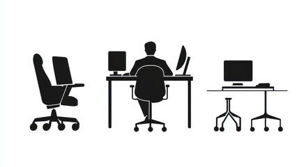 Fototapeta premium Office worker at desk, various chairs, modern workplace