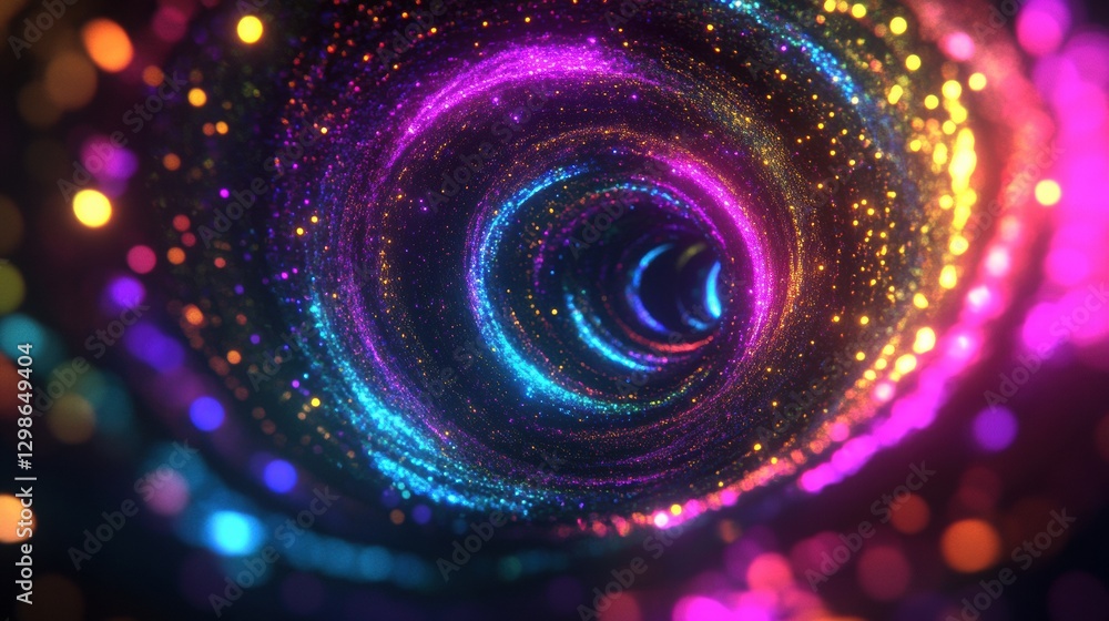 Poster vibrant abstract swirl of luminous colors creating a cosmic tunnel effect with sparkles and glowing 