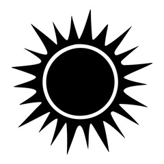 Bold black sun icon with sharp, pointed rays extending outward, representing heat, energy, and power in simple, graphic style, Vector illustration isolated on transparent background.