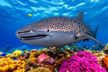 Fototapeta premium A whale shark peacefully swimming past a coral reef, its massive silhouette contrasting with the vibrant colors