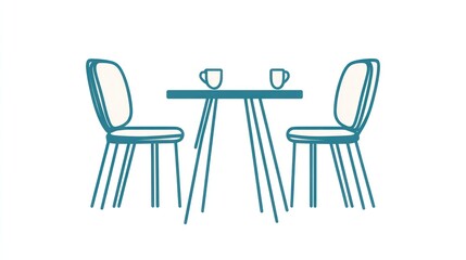 Simple outline drawing of a table and chairs. Modern dining setting. Use for website design, marketing materials, or interior design inspiration