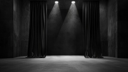 Dramatic Stage Setup with Black Curtains and Spotlight Illumination in an Empty Dark Room Perfect for Theater or Presentation Background