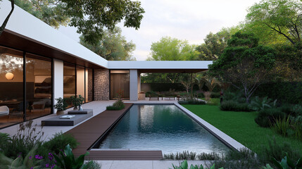 Modern Home Oasis: A luxurious modern home features a rectangular swimming pool, reflecting the surrounding architecture and lush landscaping, creating a serene and inviting atmosphere.