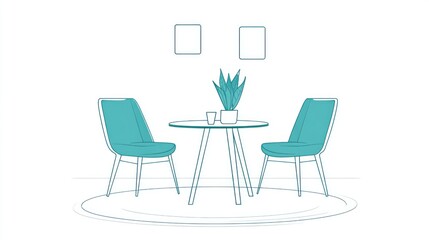 Simple illustration of a teal dining room scene with two chairs and table. Possible use Interior design, home decor
