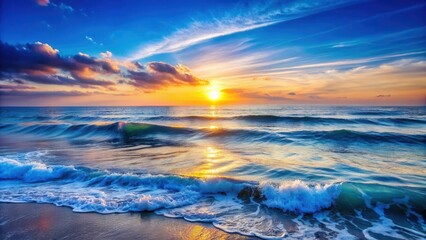 Obraz premium Deep blue ocean waves gently lapping against the shore at sunrise , Serene, Nature, Serene, Nature