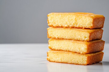 Fototapeta premium Stack of golden cornbread squares on marble surface, showcasing